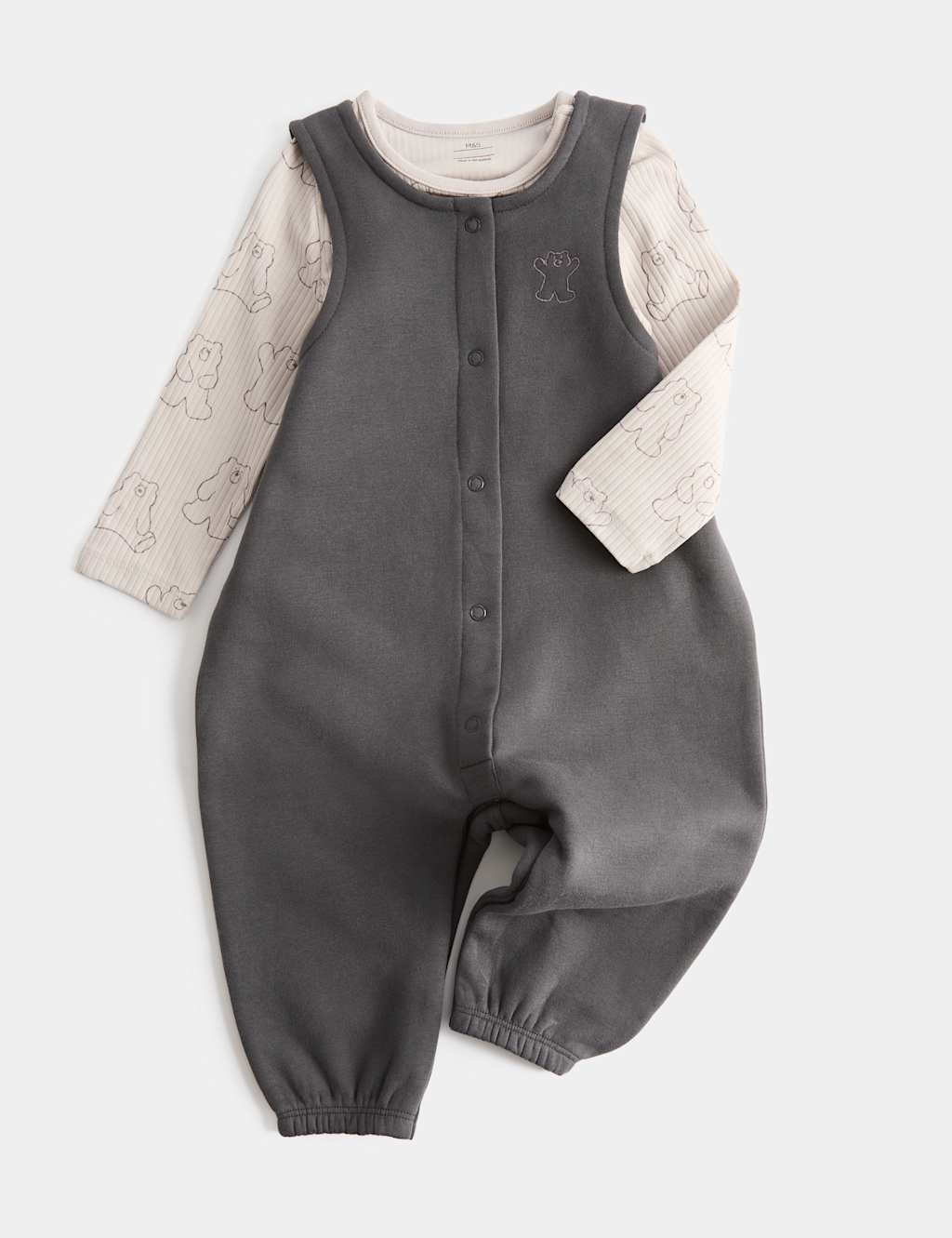 M&S Boys 2 Piece Cotton Rich Jersey Bear Dungarees (0 Mths-3 Yrs) - 18-24 Months - Grey