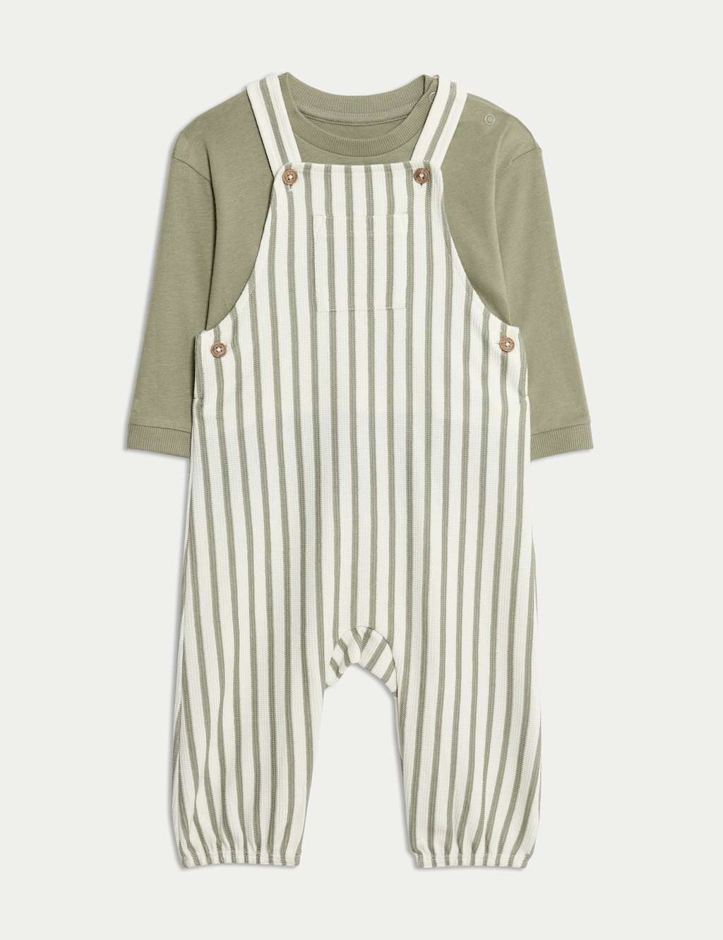 M&S 2pc Pure Cotton Jersey Striped Dungaree Outfit (0-3 Yrs) Khaki Mix