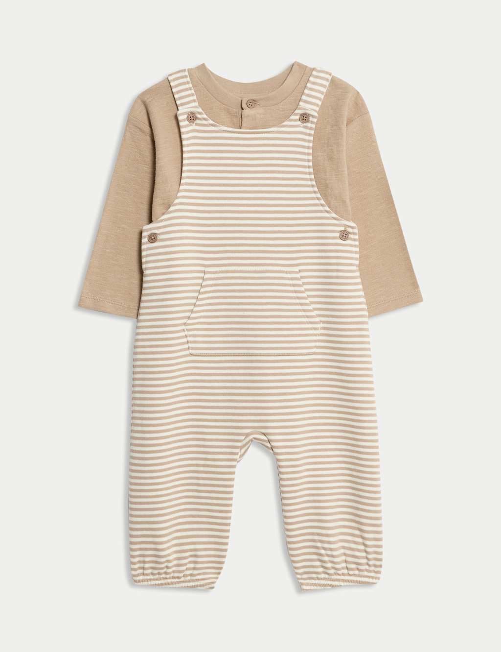M&S 2pc Pure Cotton Striped Dungarees Outfit (0-3 Yrs) Neutral