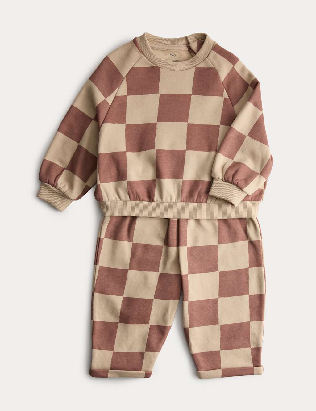 M&S Boys 2pc Checked Sweatshirt & Joggers Outfit (0-6 Yrs) - 6-9 Months - Brown