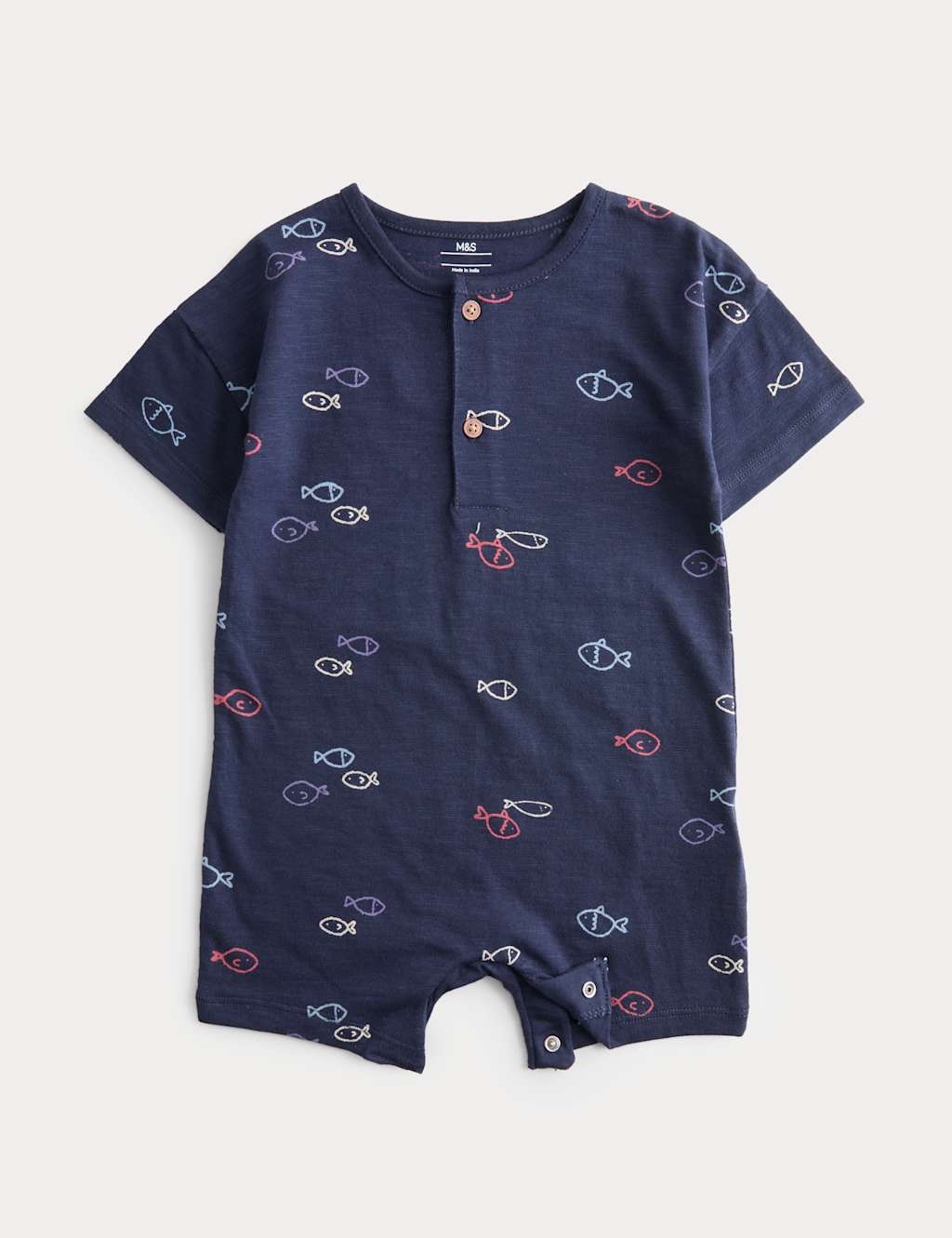 M&S Boys Pure Cotton Jersey Navy Fish Romper (0-3 Yrs) - 0-3 Months