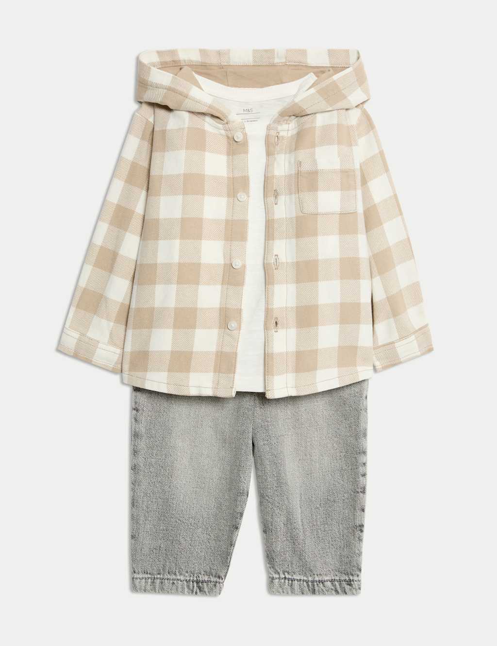 M&S Collection Boys 3pc Pure Cotton Checked Shacket Outfit (0-6 Yrs) - 4-5Y - Neutral, Neutral