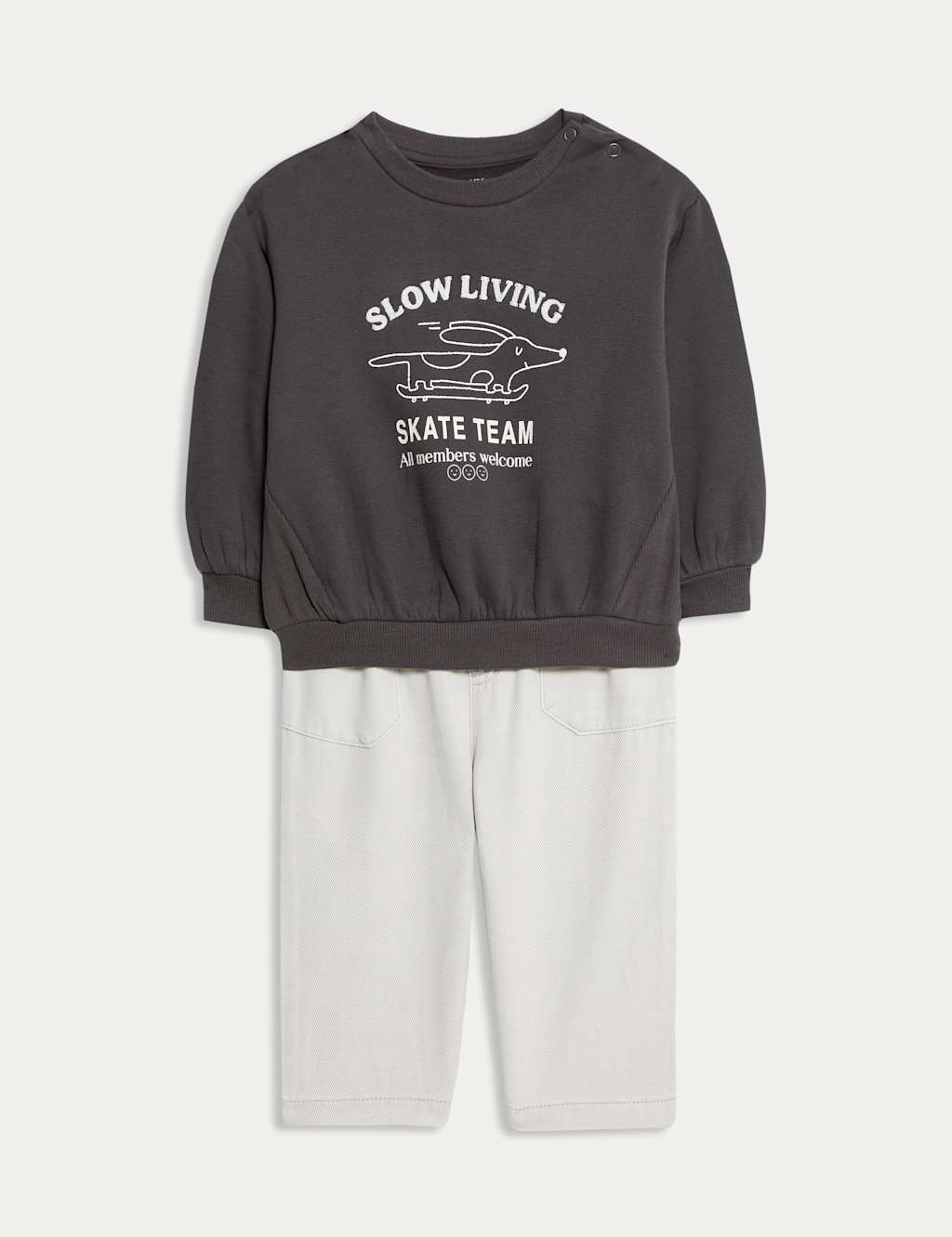 M&S Collection Boys 2pc Cotton Rich Skating Dog Print Sweatshirt Trousers Outfit (0 Mths-6 Yrs) - 4-5Y - Charcoal Mix, Charcoal Mix