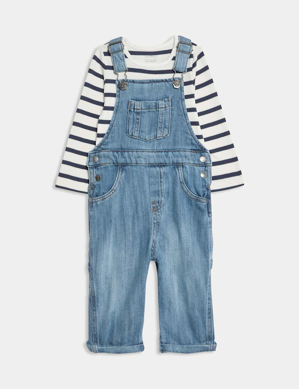 M&S Collection Boys 2pc Pure Cotton Denim Dungaree Outfit (0-3 Yrs) - 2-3Y - Dark Denim, Dark Denim,Light Denim