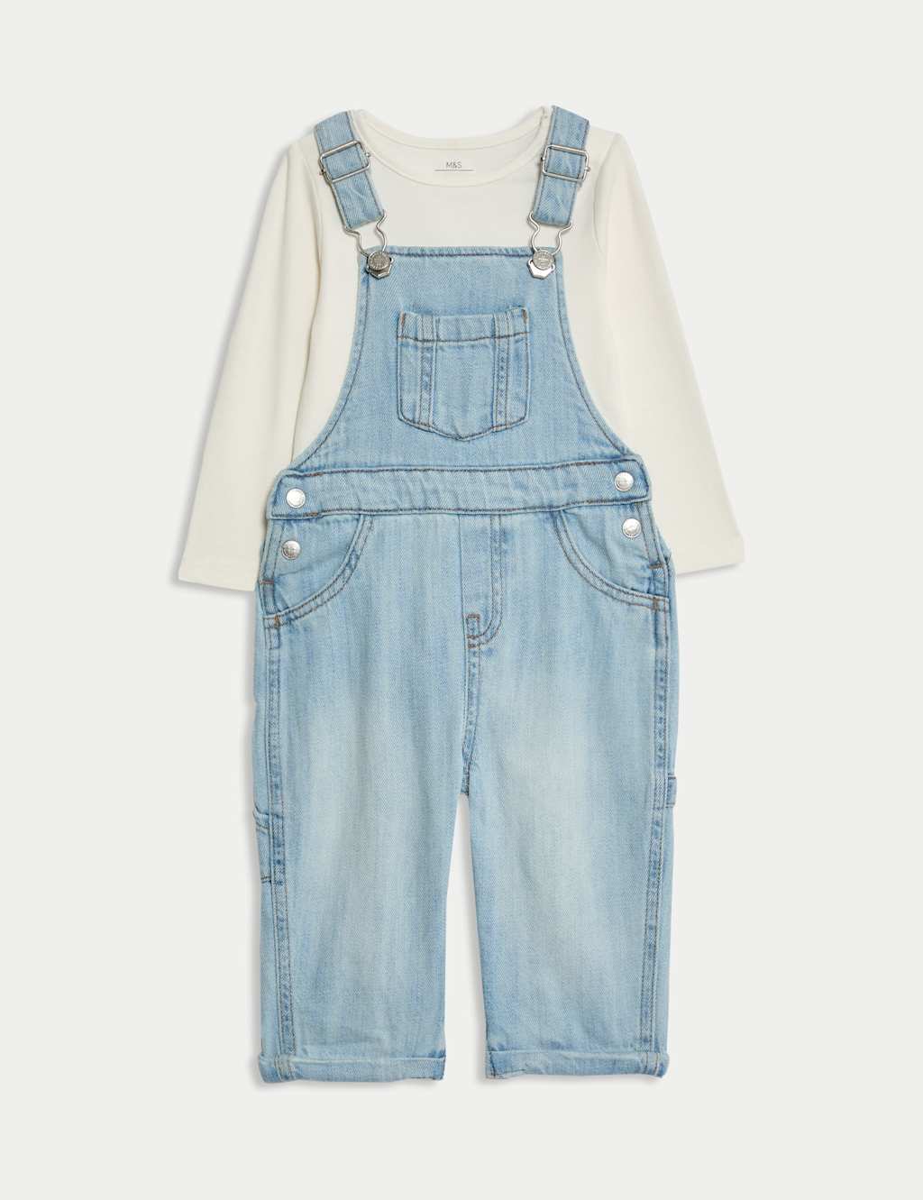 M&S 2pc Pure Cotton Denim Dungaree Outfit (0-3 Yrs) Light Denim