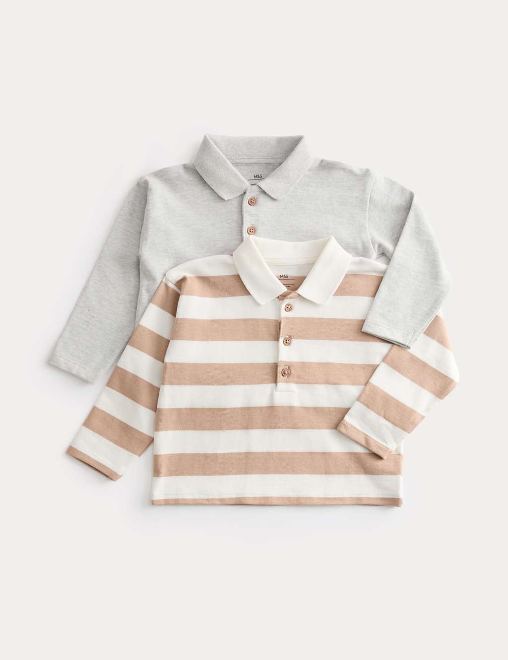 M&S 2 Pack Pure Cotton Long Sleeve Polo Tops (0-3 Yrs) Grey Mix