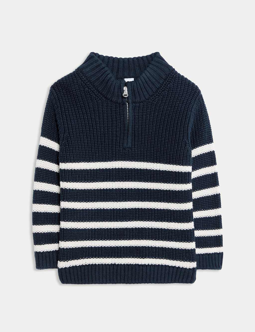 M&S Pure Cotton Striped Quarter Zip Jumper (0-3 Yrs) Navy