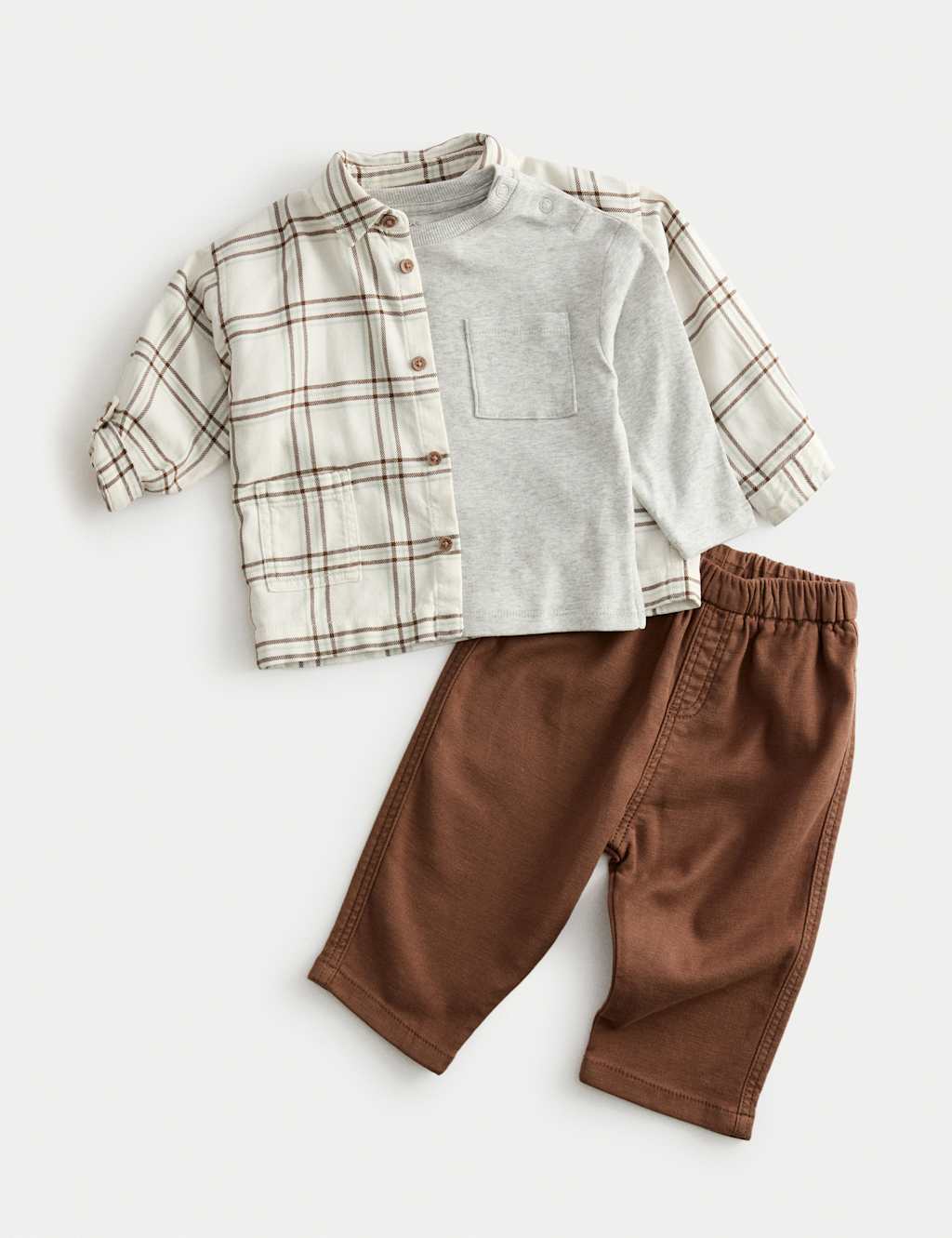 M&S 3pc Cotton Rich Checked Top & Bottom Outfit (0-3 Yrs) Cream Mix