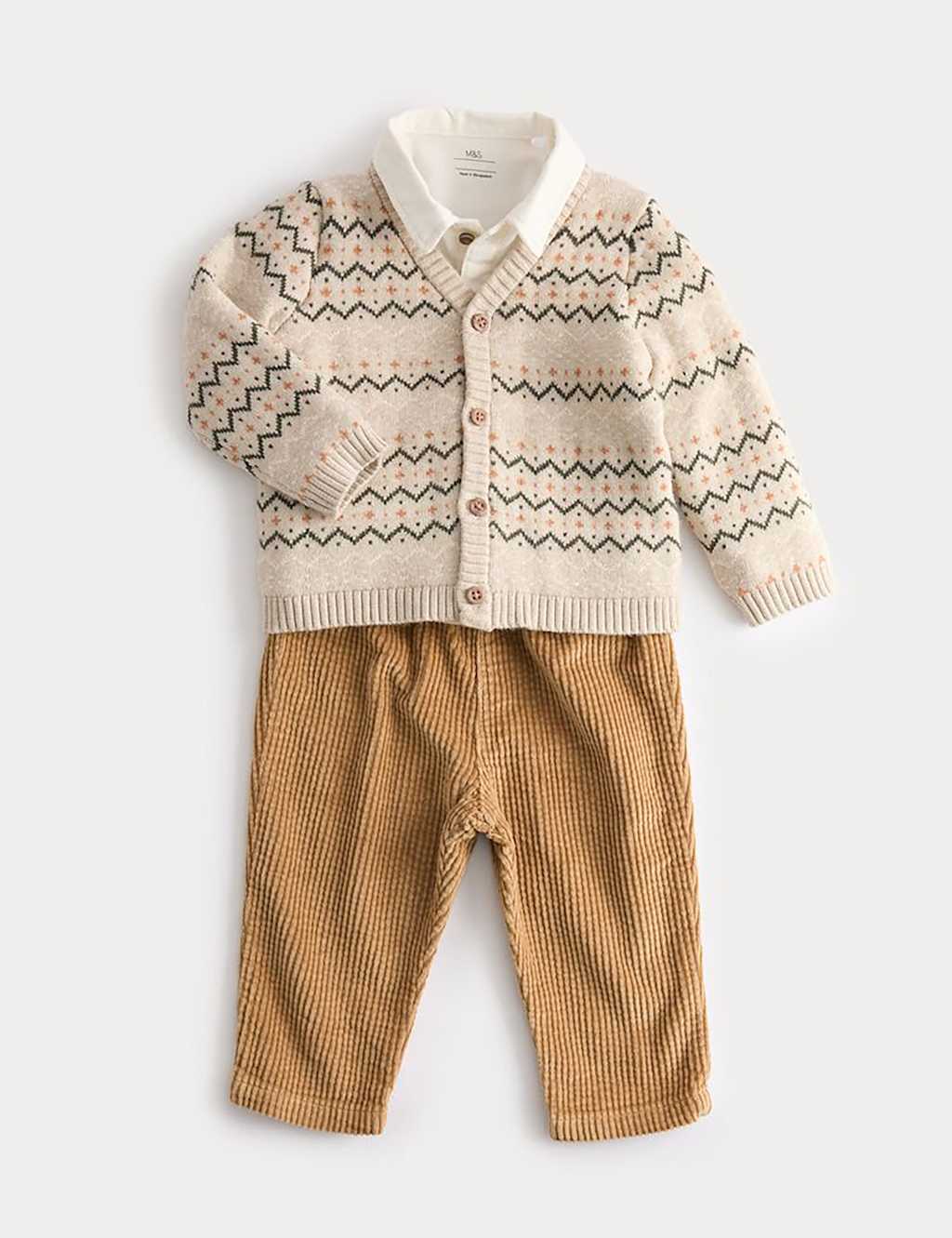 M&S 3pc Knitted Fair Isle Top & Bottom Outfit (0-3 Yrs) Neutral