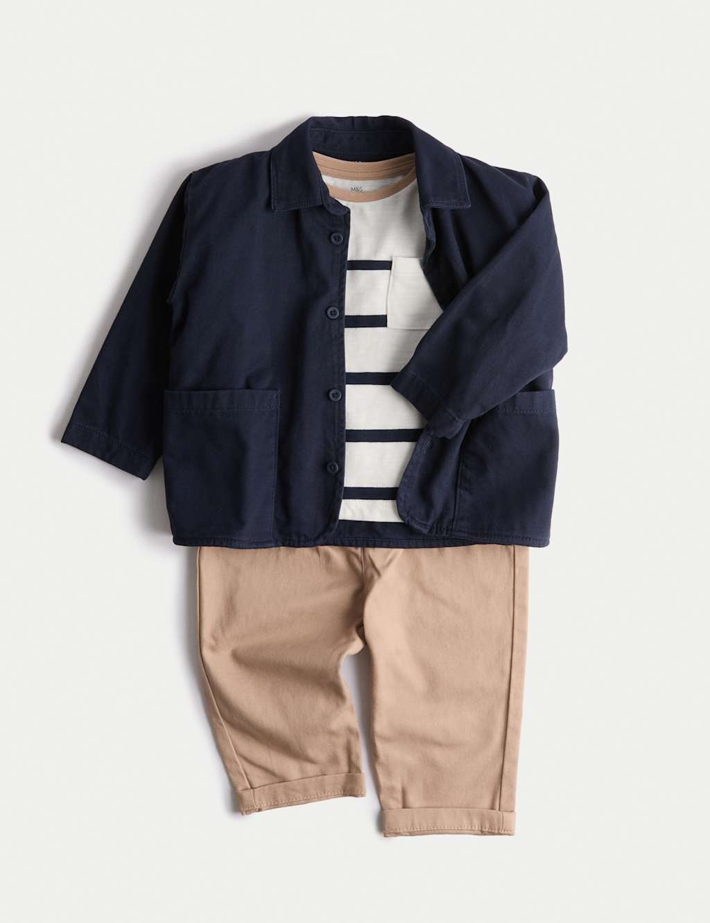 M&S 3pc Pure Cotton T-Shirt & Shacket Outfit (0-3 Yrs) Navy