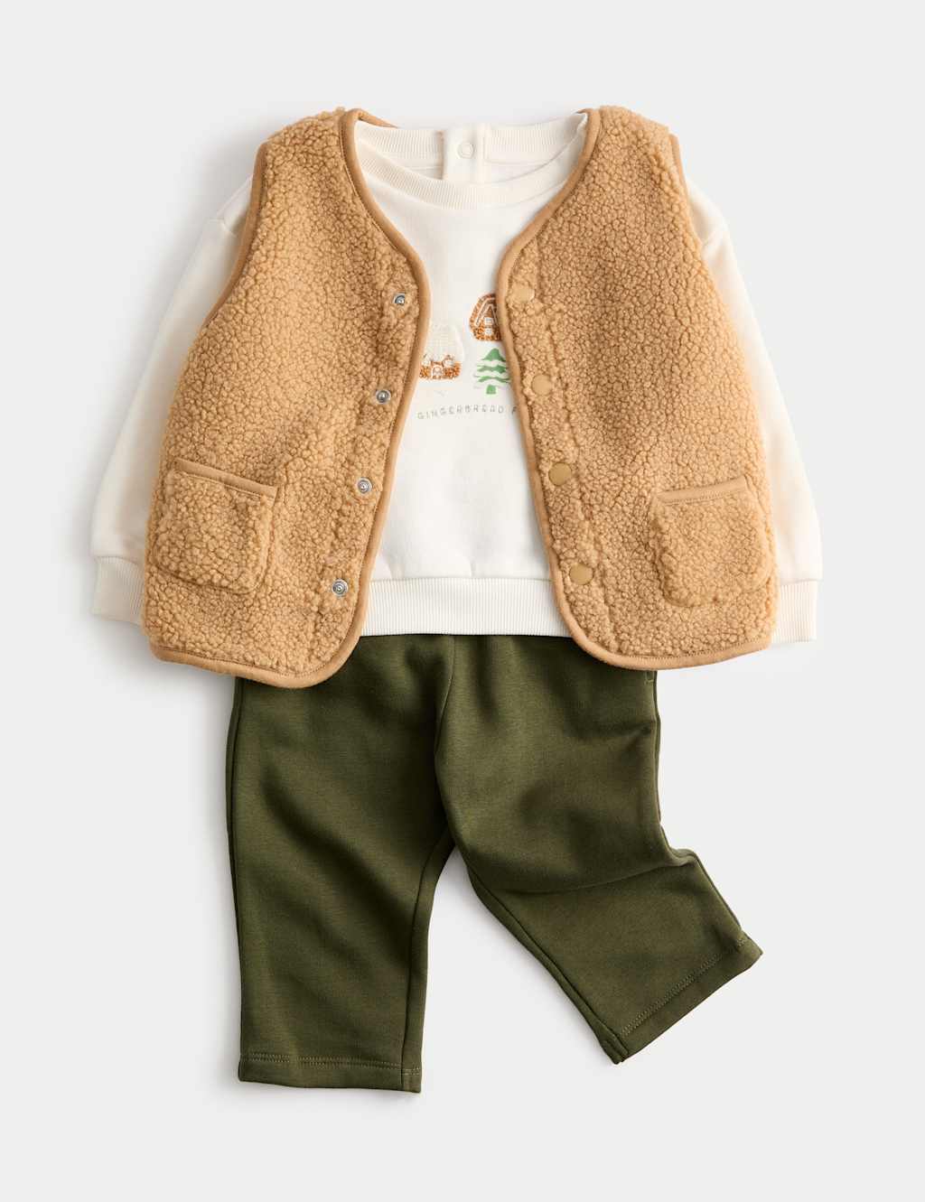 M&S 3pc Gingerbread Borg Gilet Outfit (0 Mths-3 Yrs) Green Mix