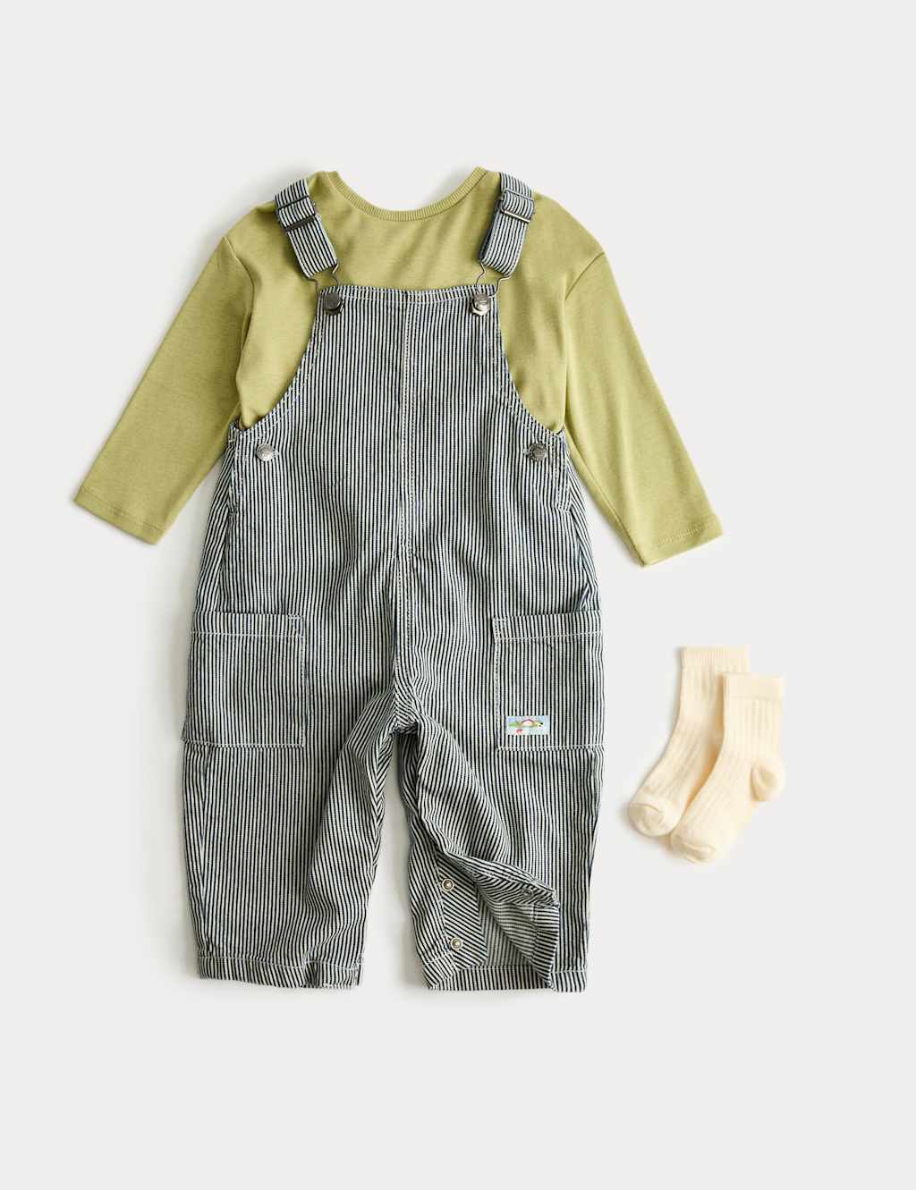 M&S Boys 3 Piece Pinstripe Dungaree Outfit with Socks (0-3 Yrs) - 0-3 Months - Blue Mix