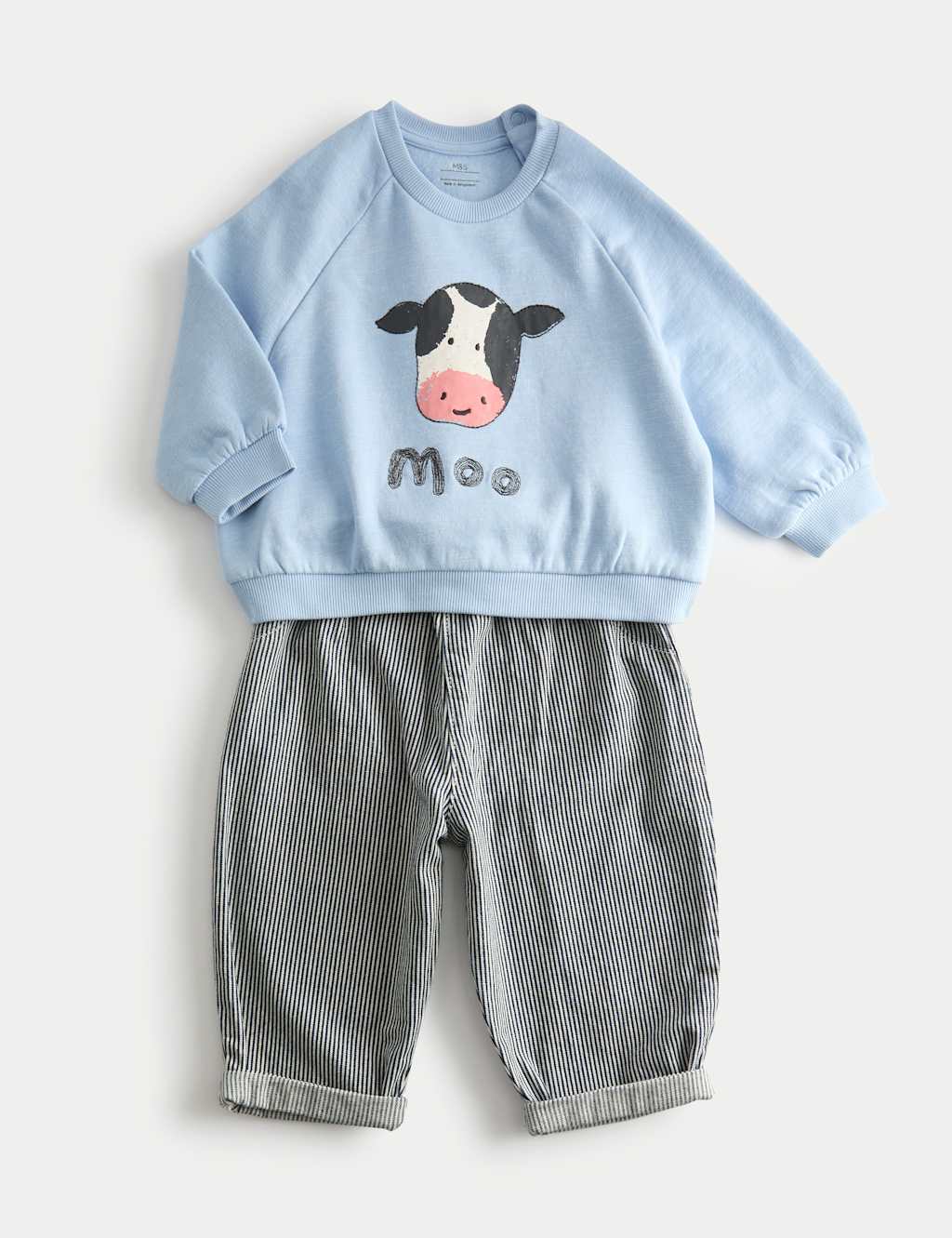 M&S Boys 2pc Cotton Rich Cow Top & Bottom Outfit - 9-12 Months - Blue Mix