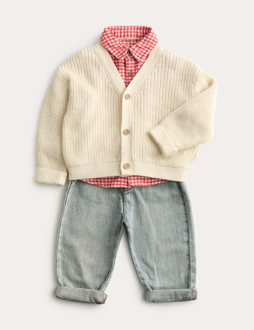M&S Boys 3 Piece Cardigan, Check Shirt & Jeans Outfit (0-3 Yrs) - 12-18 Months - Red Mix