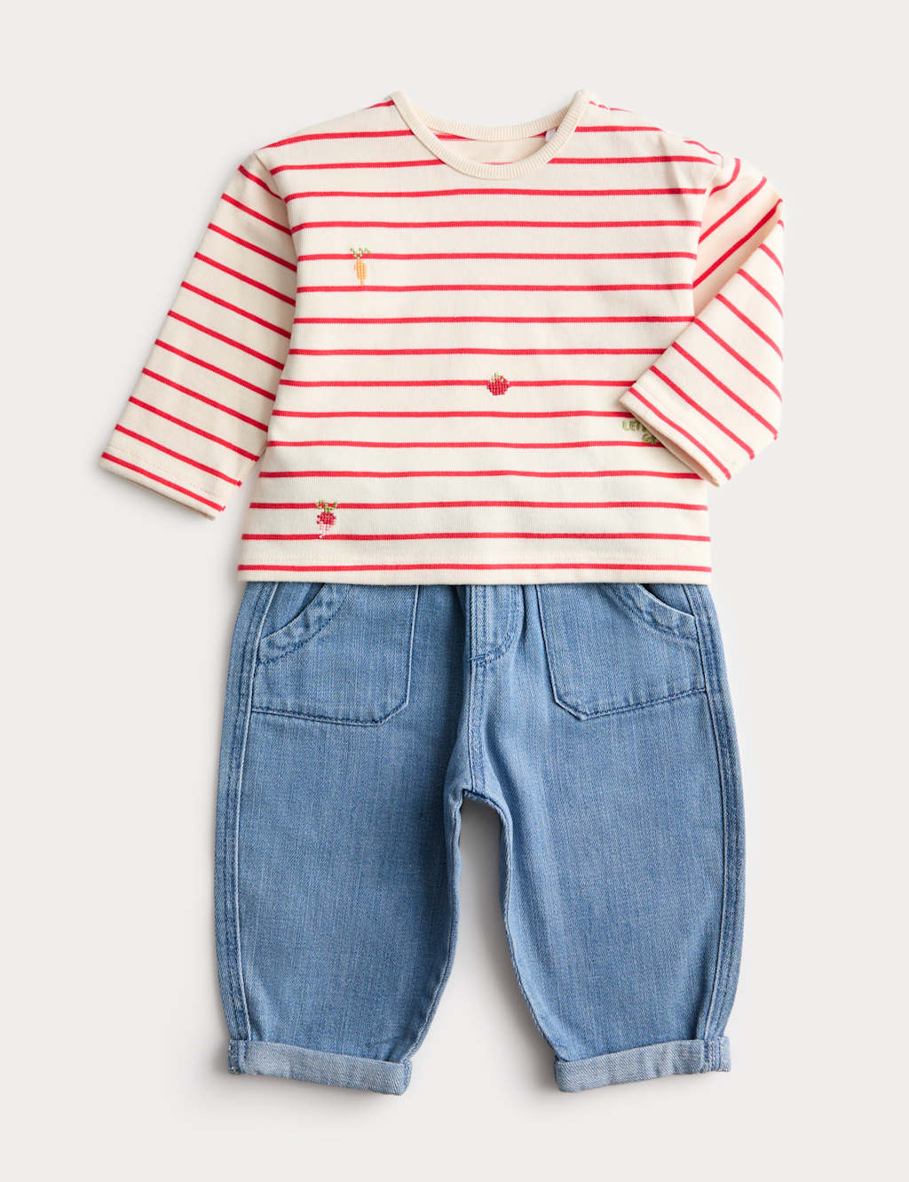M&S Boys 2 Piece Cotton Rich Striped Outfit (0-3 Yrs) - 9-12 Months - Red Mix