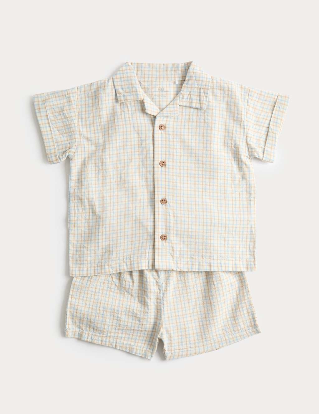 M&S Boys 2 Piece Pure Cotton Checked Outfit (0-5 Yrs) - 18-24 Months - Ecru Mix