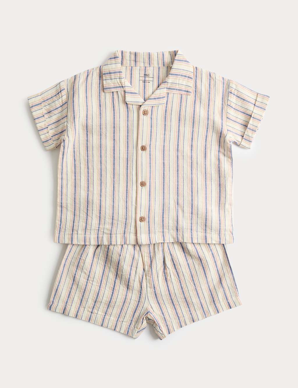 M&S Boys Pure Cotton Striped Top & Bottom Outfit (0-5 Yrs) - 12-18 Months - Blue Mix