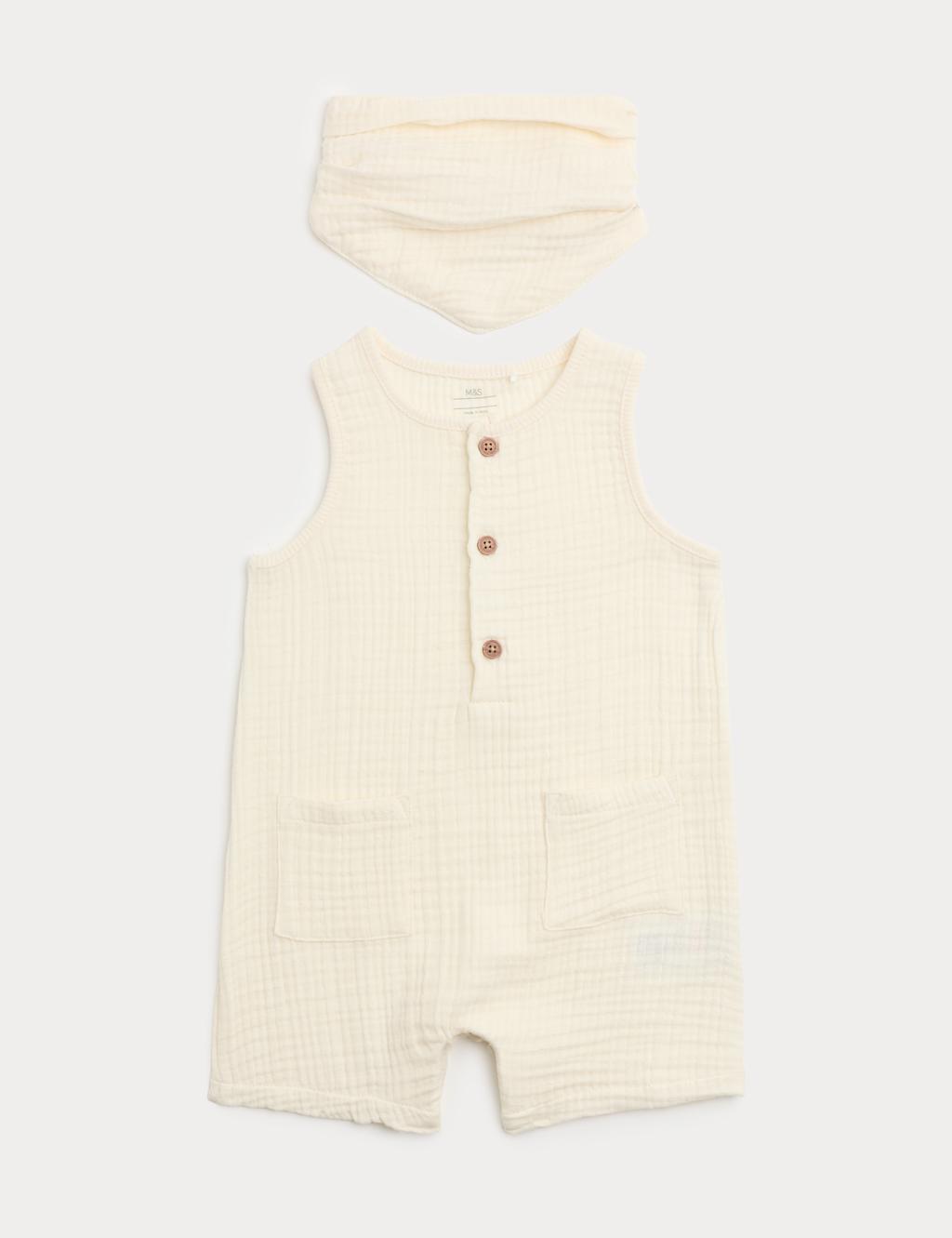 M&S Boys Pure Cotton Romper with Bib (0-3 Yrs) - 0-3 Months - Ecru