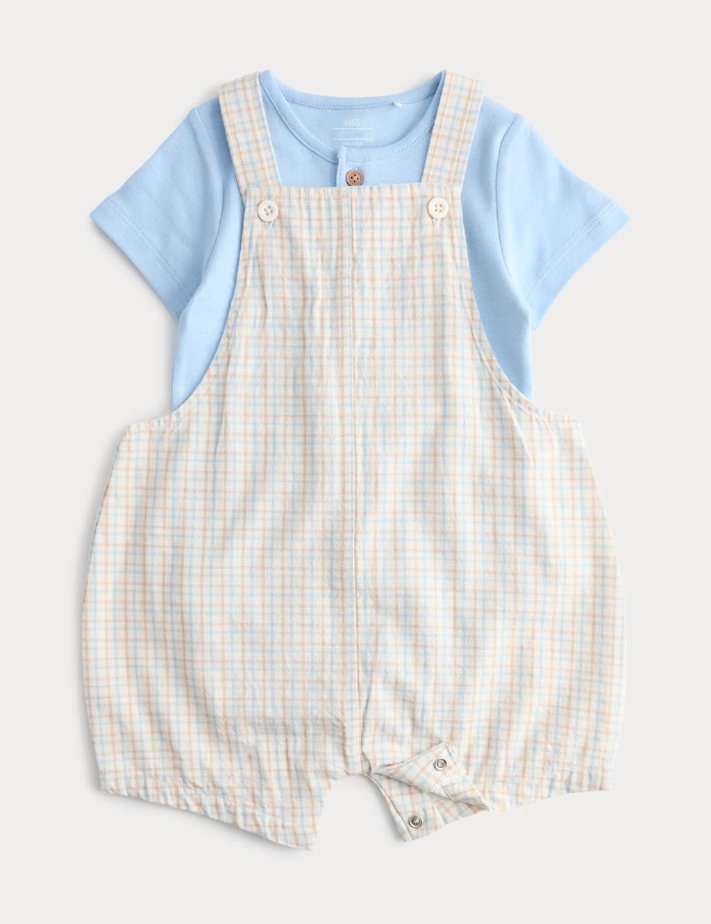 M&S Boys 2 Piece Pure Cotton Checked Bibshort Outfit (0-3 Yrs) - 2-3 Years - Blue Mix