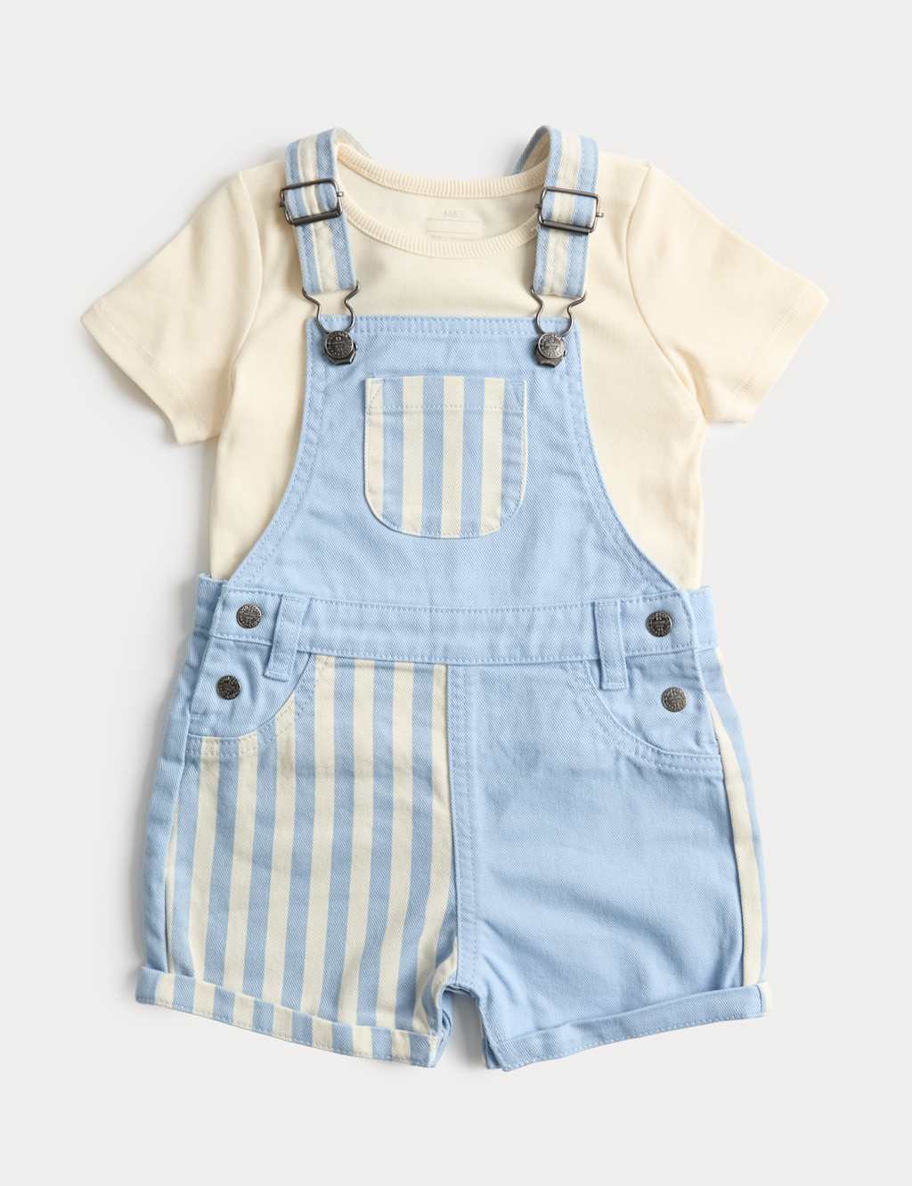 M&S Boys 2 Piece Pure Cotton Dungarees Outfit (0-3 Yrs) - 2-3 Years - Blue Mix