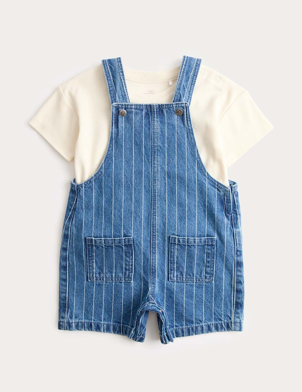 M&S Boys Denim Striped Bibshort with T-Shirt (0-3 Yrs) - 3-6 Months