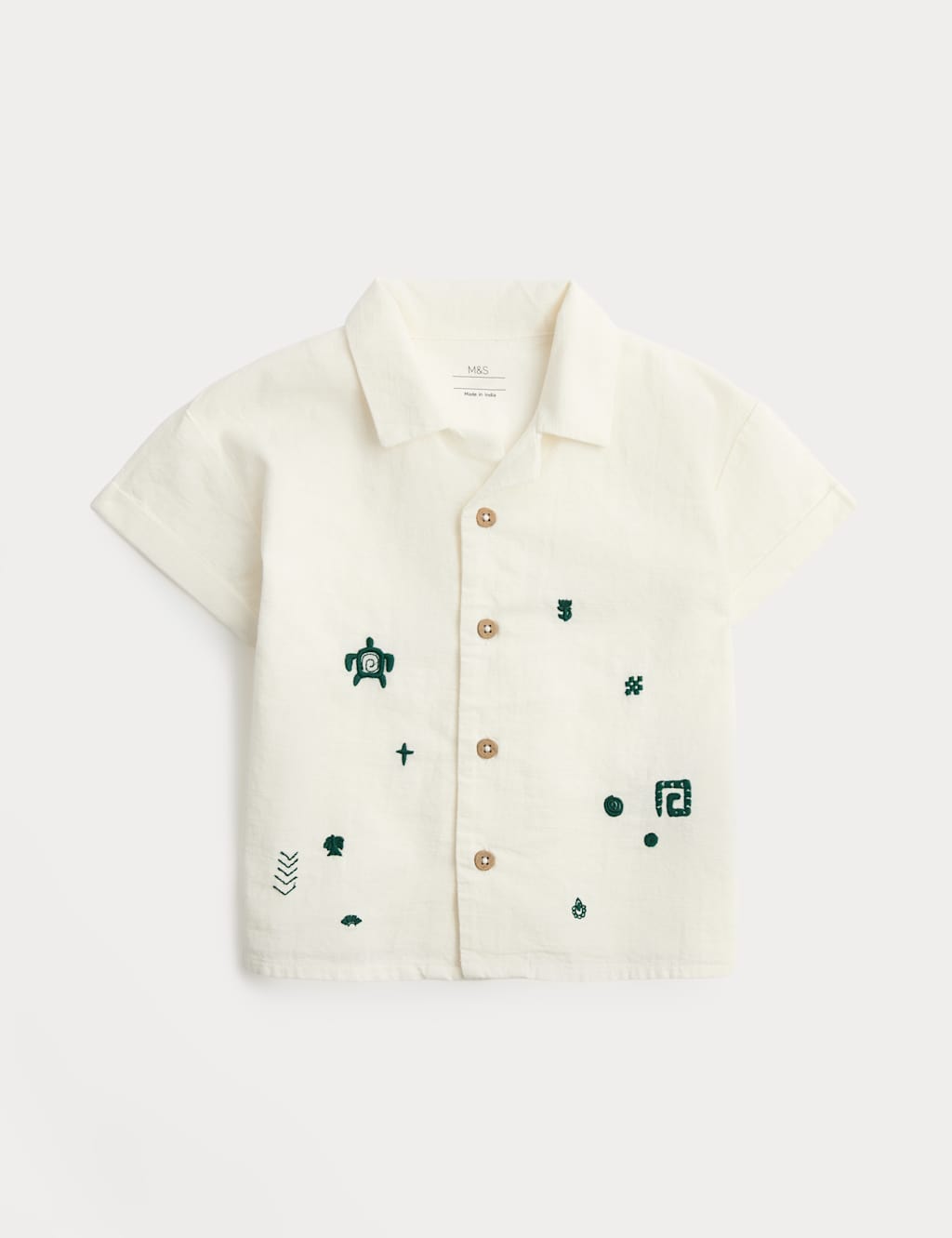 M&S Boys Pure Cotton Aztec Embroidered Shirt (0-5 Yrs) - 12-18 Months - Ecru Mix
