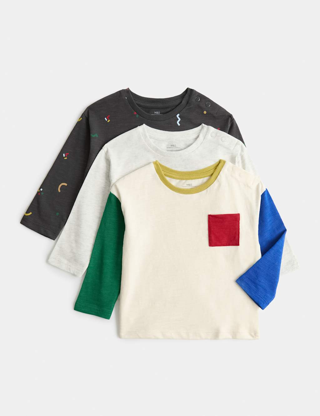M&S Boys 3 Pack Pure Cotton Abstract Tops (0-5 Yrs) - 2-3 Years - Charcoal Mix