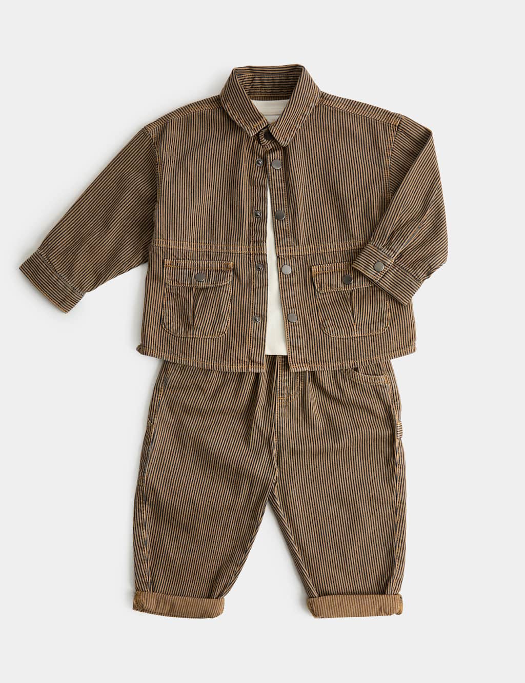 M&S Boys 3 Piece Cotton Rich Striped Outfit (0-5 Yrs) - 12-18 Months - Camel Mix