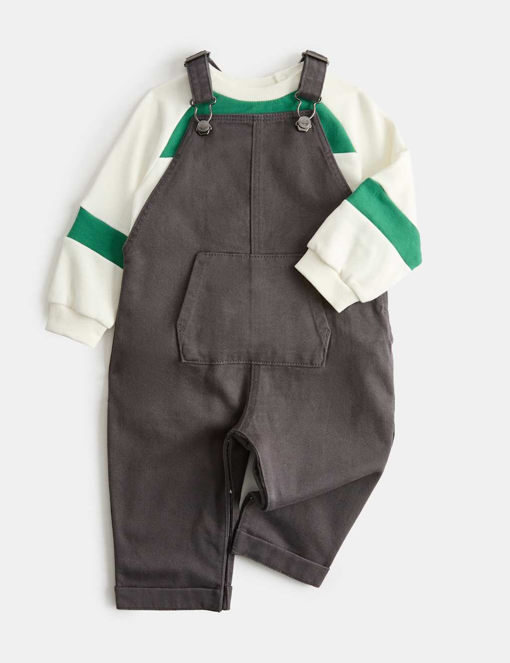 M&S Boys 2 Piece Cotton Dungaree & Sweatshirt Outfit (0-3 Yrs) - 3-6 Months - Grey