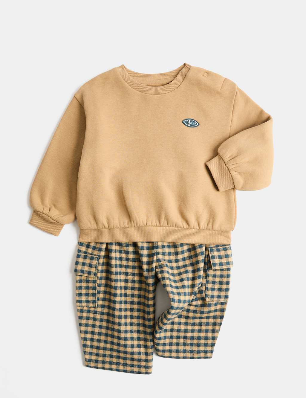 M&S Boys Cotton Rich Checked Sweatshirt & Trouser Set (0-5 Yrs) - 0-3 Months - Brown Mix