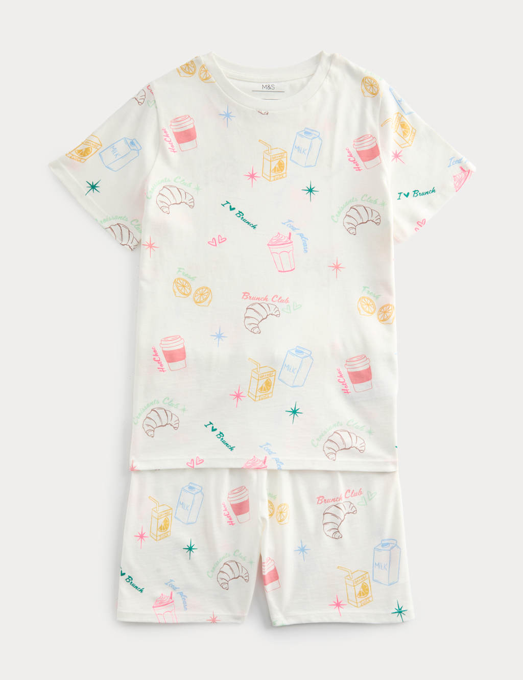 M&S Girls Pure Cotton Brunch Graphic Pyjamas (1-16 Yrs) - 8-9 Years - Neutral