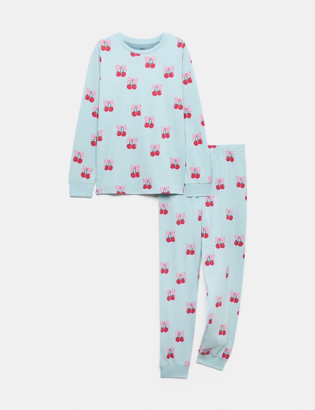 M&S Girls Pure Cotton Cherry Print Pyjamas (12 Mths - 16 Yrs) - 12-13 Years - Turquoise Mix
