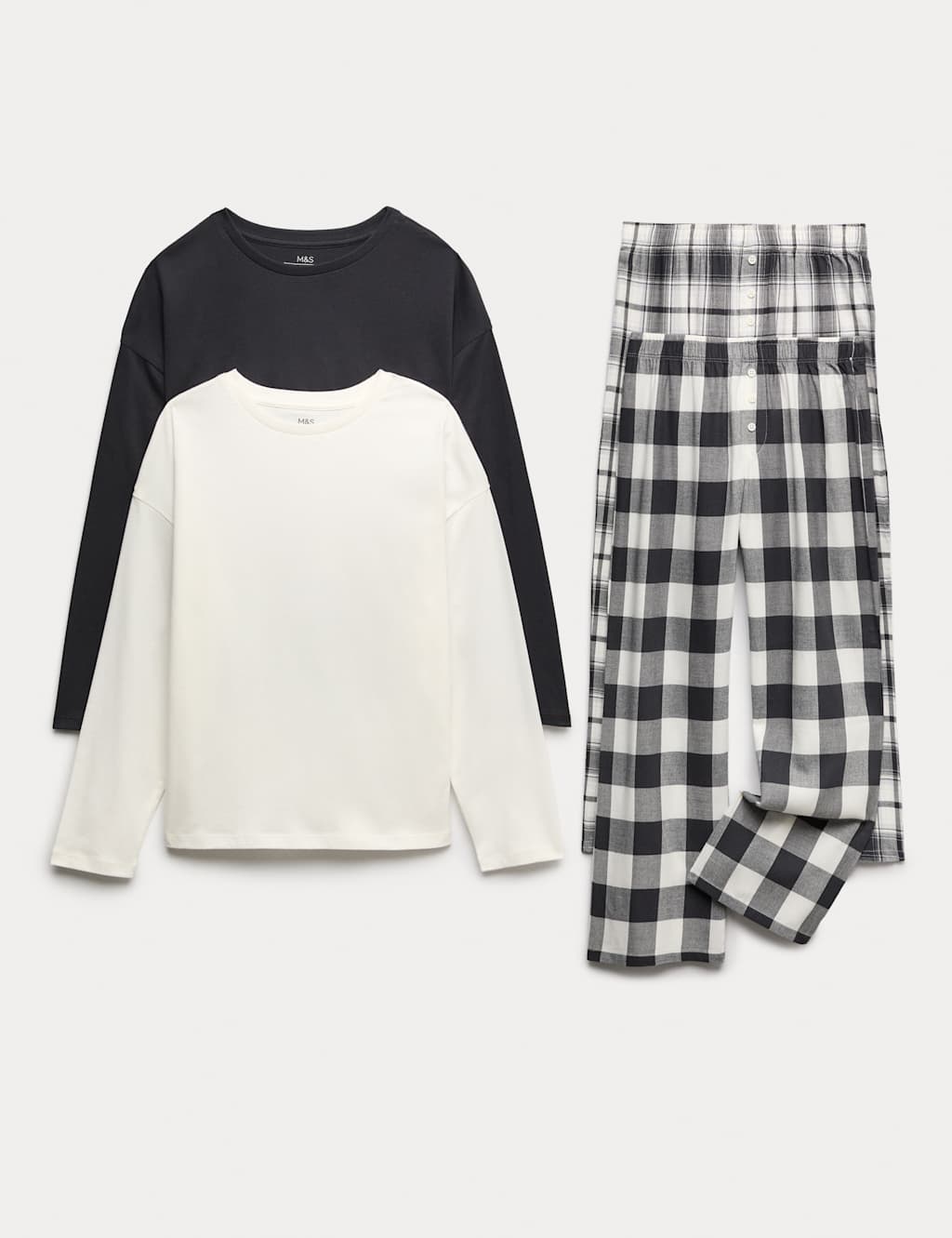 M&S 2 Pack Cotton Rich Checked Pyjama Sets (6-16 Yrs) Black Mix
