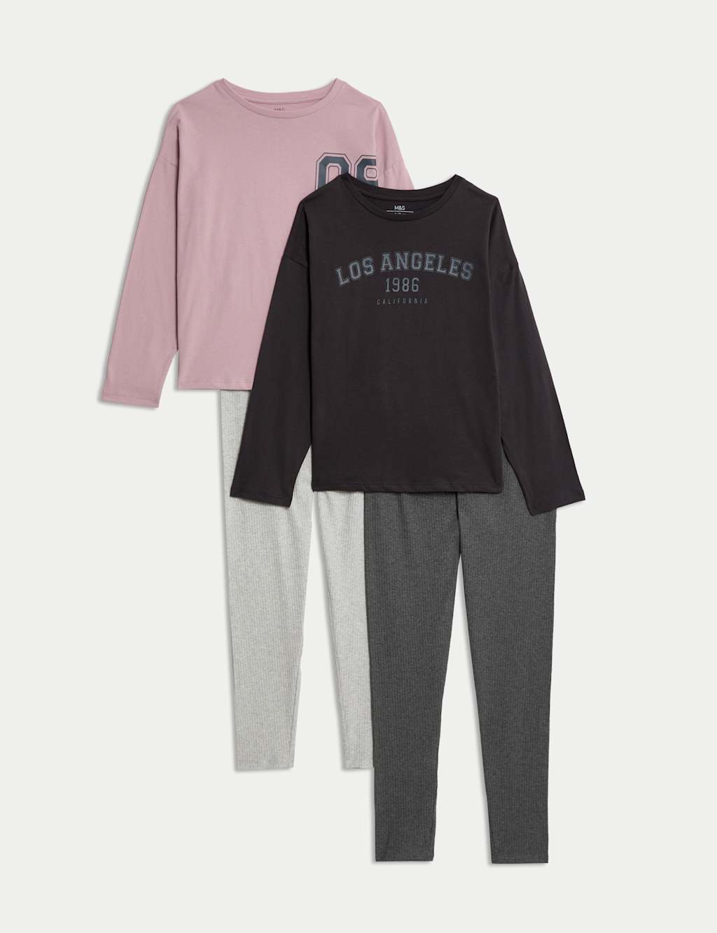 M&S 2 Pack Cotton Rich Slogan Pyjama Sets (6-16 Yrs) Grey Mix