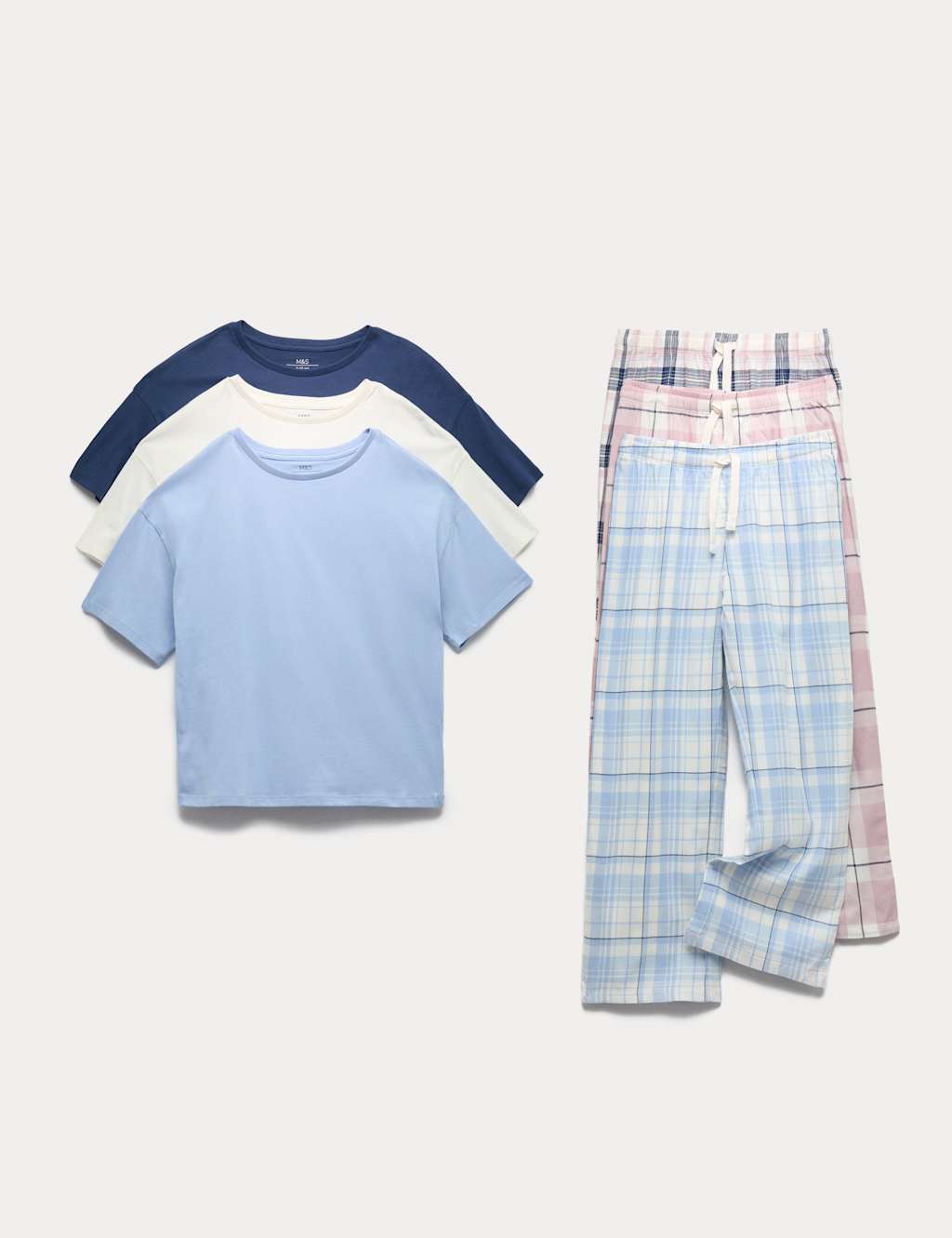 M&S 3pk Pure Cotton Checked Pyjama Sets (1-16 Yrs) Blue Mix