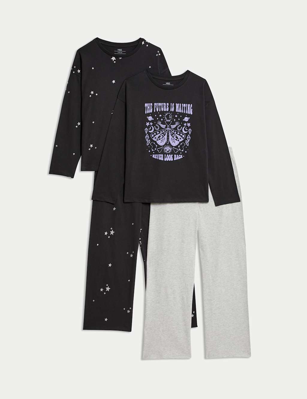 M&S 2 Pack Pure Cotton Star Graphic Pyjama Sets (1-16Yrs) Black Mix