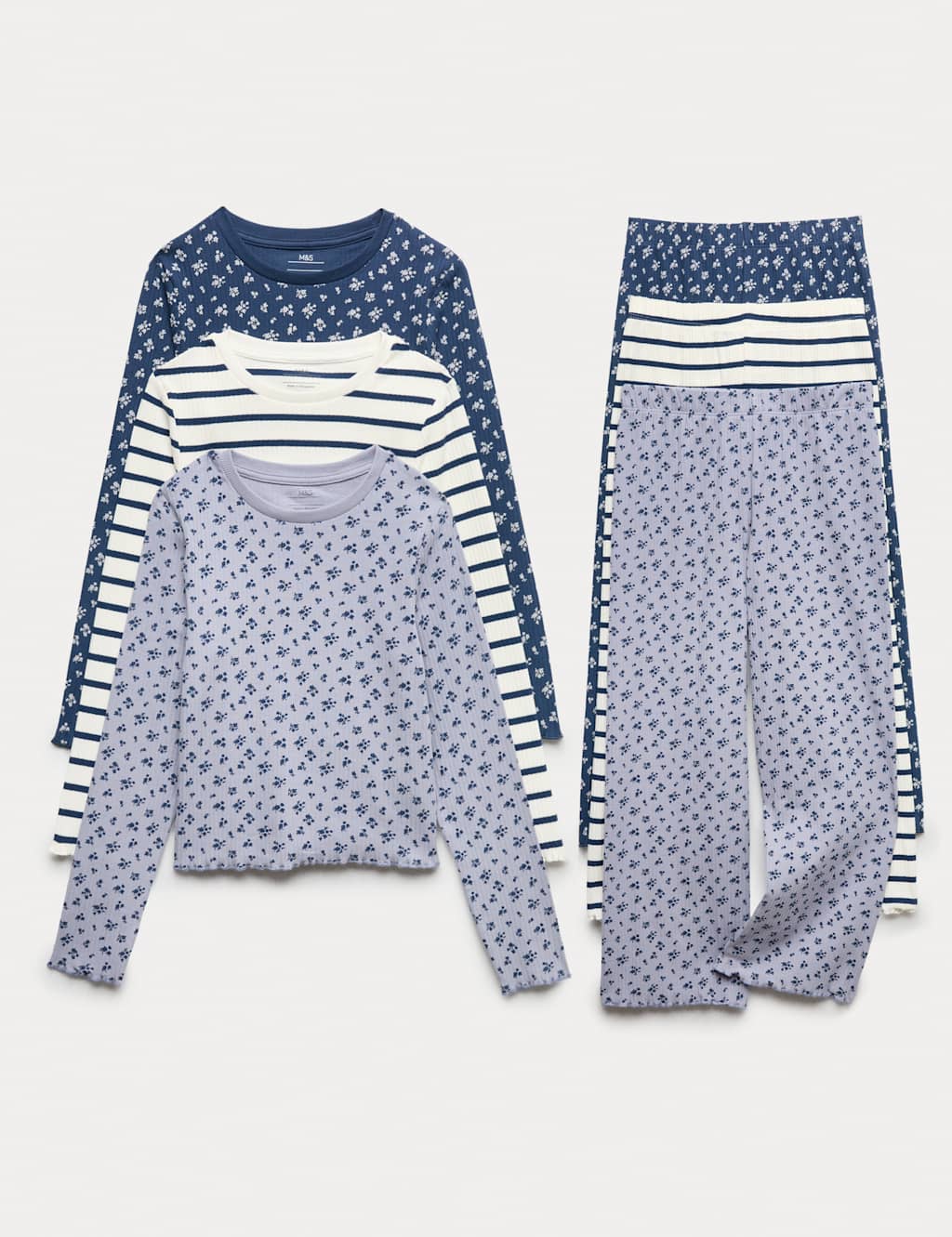 M&S 3pk Cotton Rich Striped Floral Pyjama Sets (12 Mths - 16 Yrs) Multi