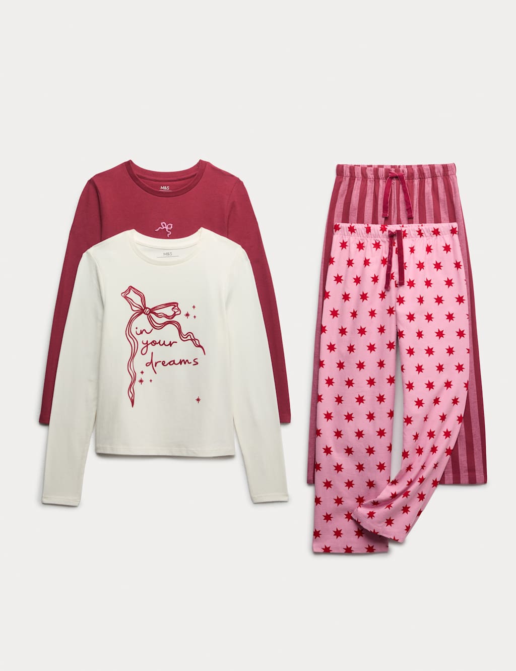M&S 2 Pack Cotton Rich Bow Pyjamas (6-16 Yrs) Red Mix