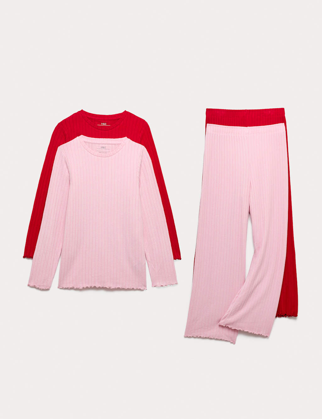 M&S 2 Pack Cosy Ribbed Pyjama Sets (1-16 Yrs) Pink Mix