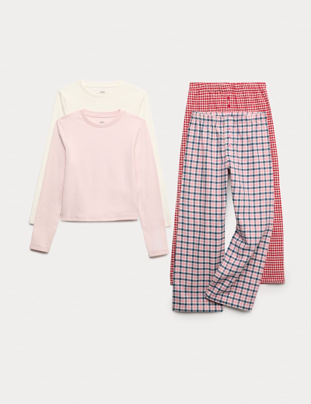 M&S 2 Pack Cotton Rich Checked Pyjama Sets (1-16 Yrs) Pink Mix
