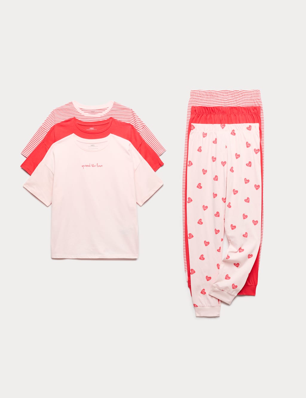 M&S Girls 3 Pack Pure Cotton Valentine's Pyjama Sets (6-16 Yrs) - 11-12 Years - Red Mix