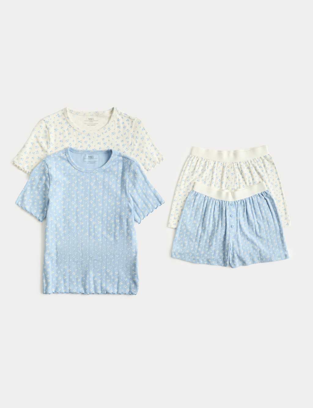 M&S Girls 2 Pack Floral Pointelle Pyjama Sets (6-16 Yrs) - 6-7 Years - Blue Mix