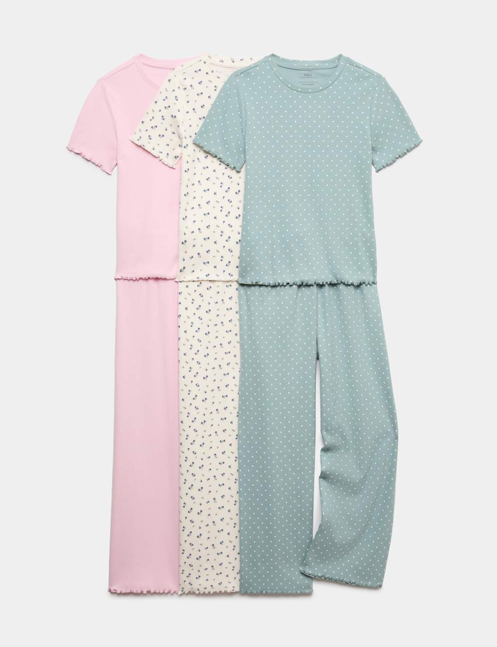 M&S Girls 3 Pack Cotton Rich Ribbed Pyjamas (6-16 Yrs) - 13-14 Years - Ecru Mix