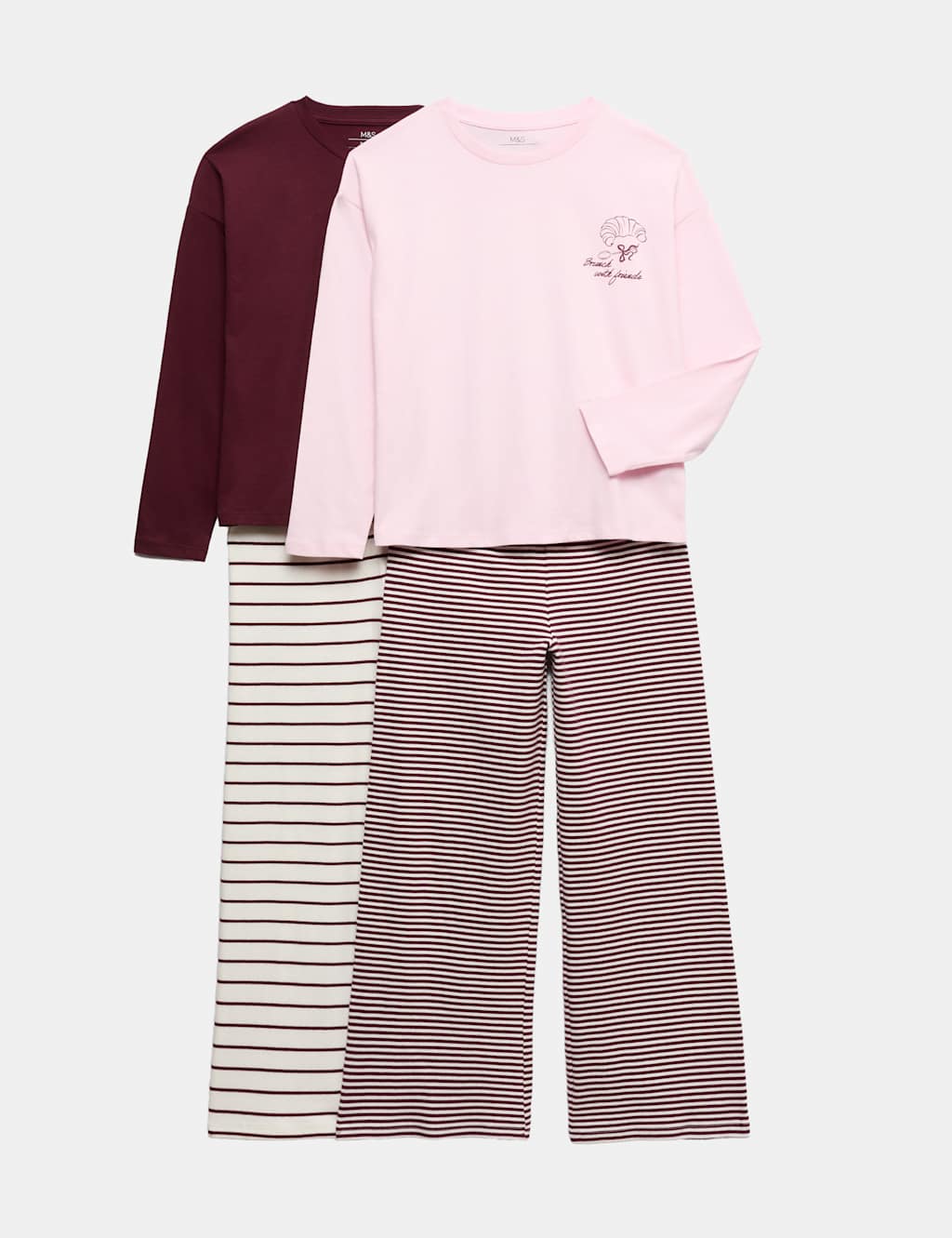 M&S Girls 2 Pack Graphic Striped Pyjama Sets (6-16 Yrs) - 12-13 Years - Burgundy Mix