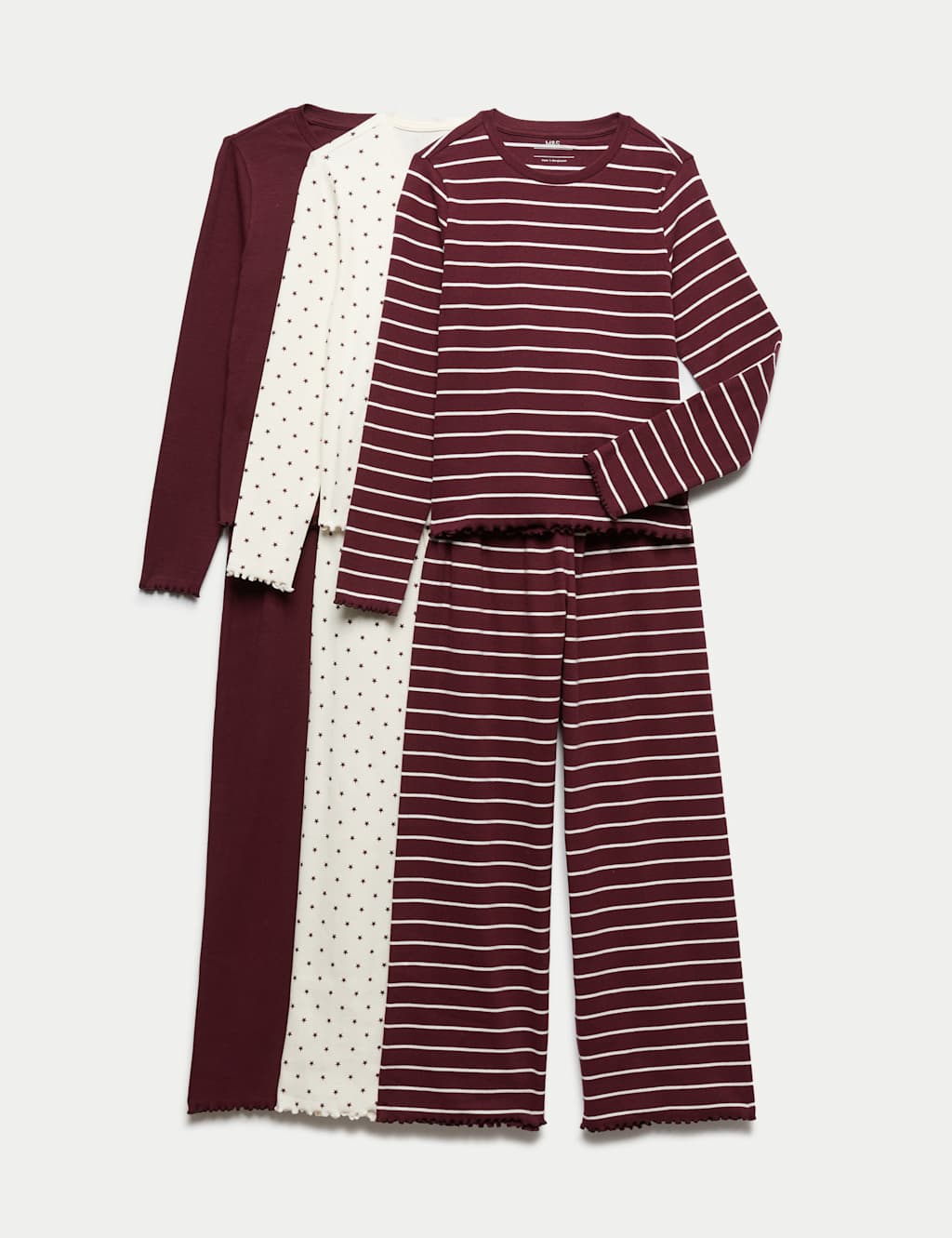 M&S Girls 3 Pack Patterned Ribbed Pyjama Sets (6-16 Yrs) - 10-11 Years - Burgundy Mix