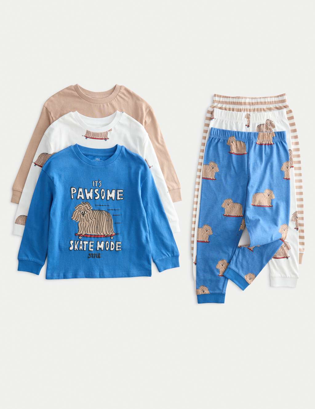 M&S 3pk Pure Cotton Dog Graphic Pyjamas (1-8 Yrs) Blue Mix