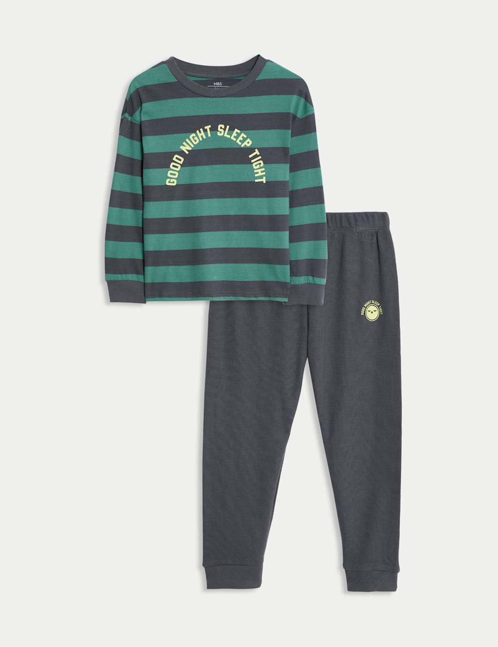 M&S Pure Cotton Slogan Striped Pyjamas (12 Mths-8 Yrs) Dark Green Mix