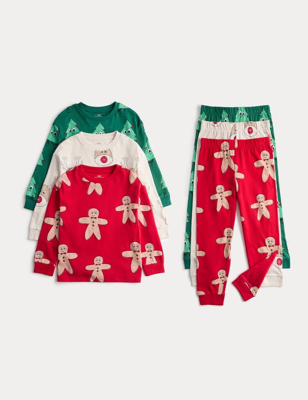 M&S 3 Pack Pure Cotton Christmas Pyjama Sets (12 Months - 8 Years) Burgundy Mix