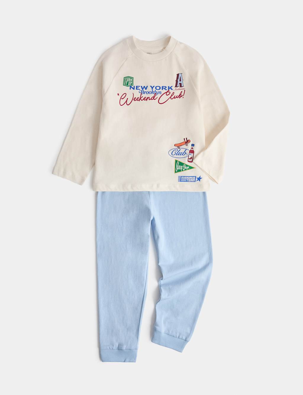 M&S Boys Pure Cotton Weekend Club Pyjamas (1-8 Yrs) - 7-8 Years - Blue Mix