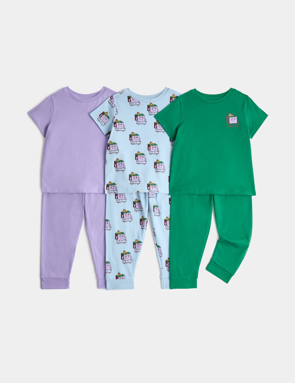 M&S Boys 3 Pack Pure Cotton Pyjama Sets (1-8 Yrs) - 7-8 Years - Blue Mix
